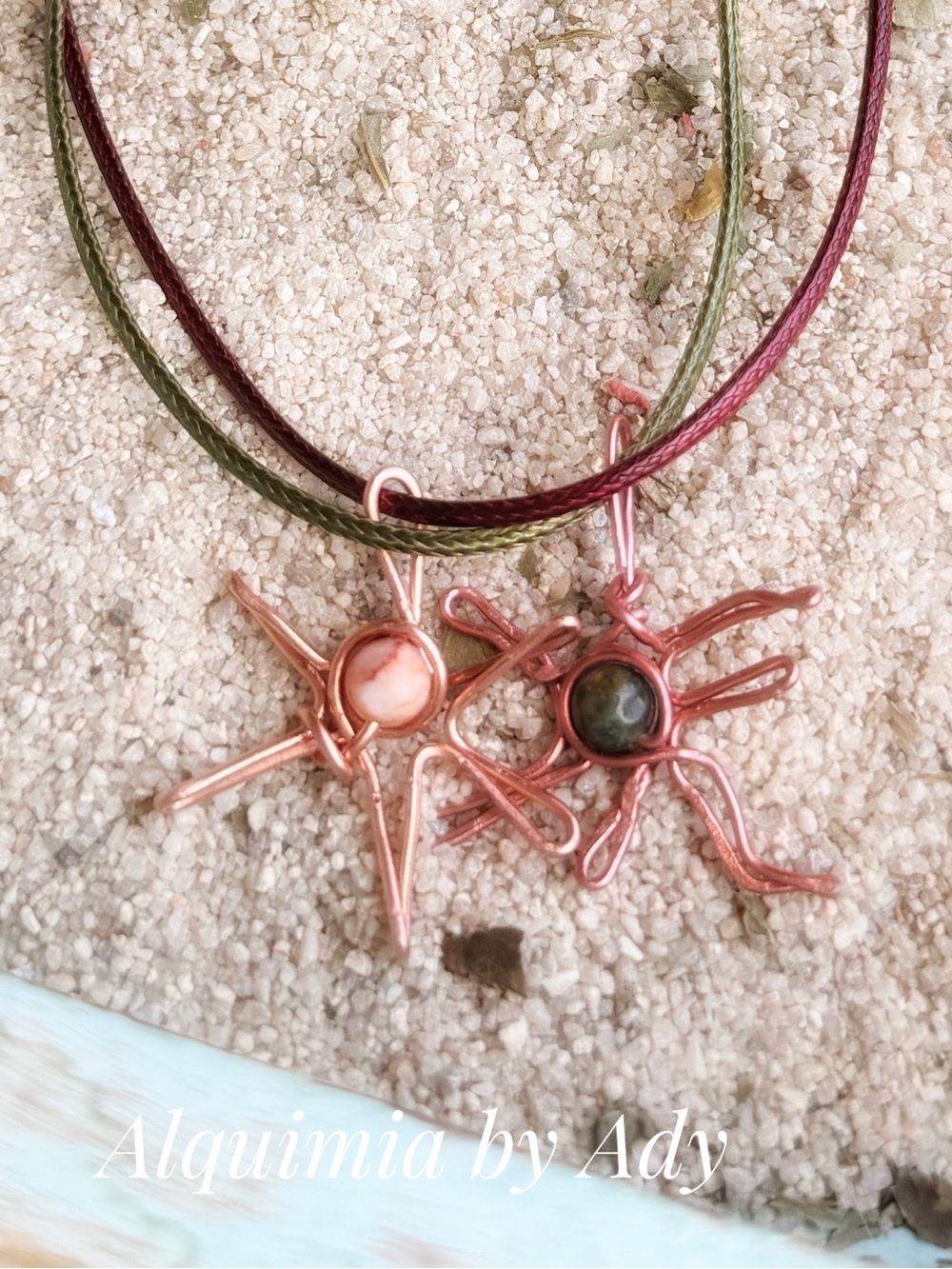 Semiprecious gemstone Copper Starburst Pendant Necklace - Green & Pink Accents